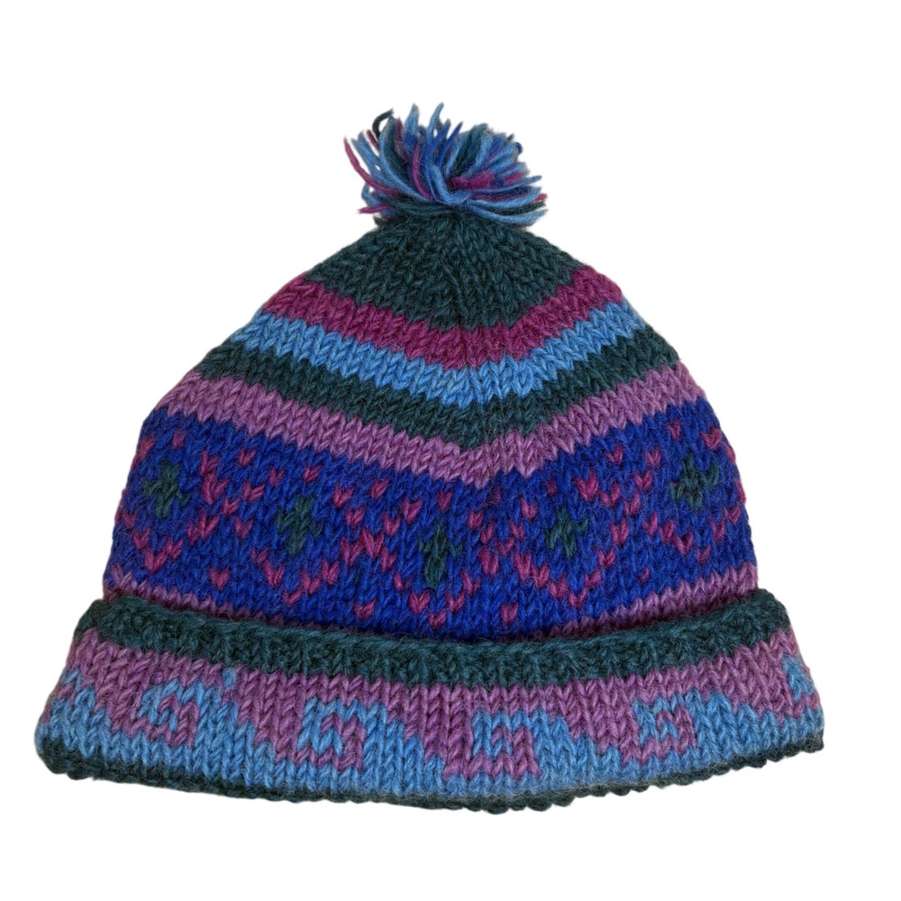 Hand Knit 100% Wool Nepal Beanie Pom Pom Hat Blue Purple Fair Isle Winter Cap